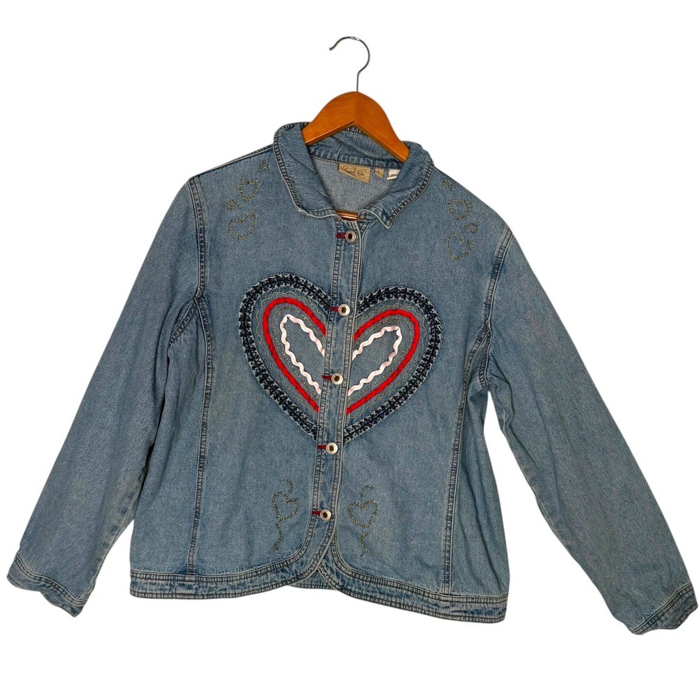 Crystal Kobe Denim Jacket Size L Beaded Heart‎ Streetwear Statement Piece y2k